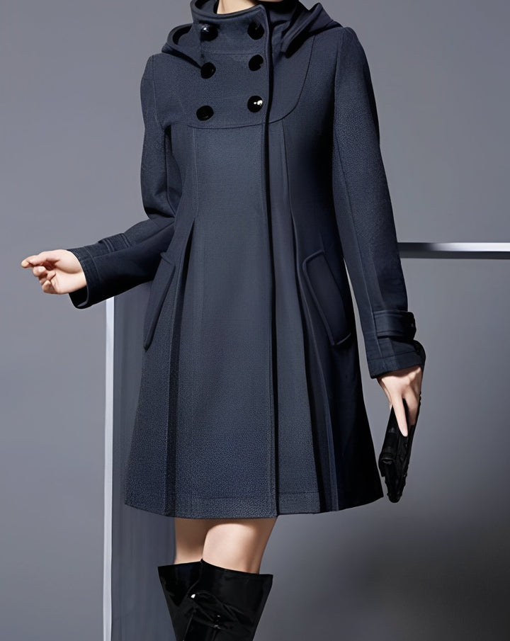 Women's Hooded Double-Breasted A-Line Button-Down Coat - Dark Gray