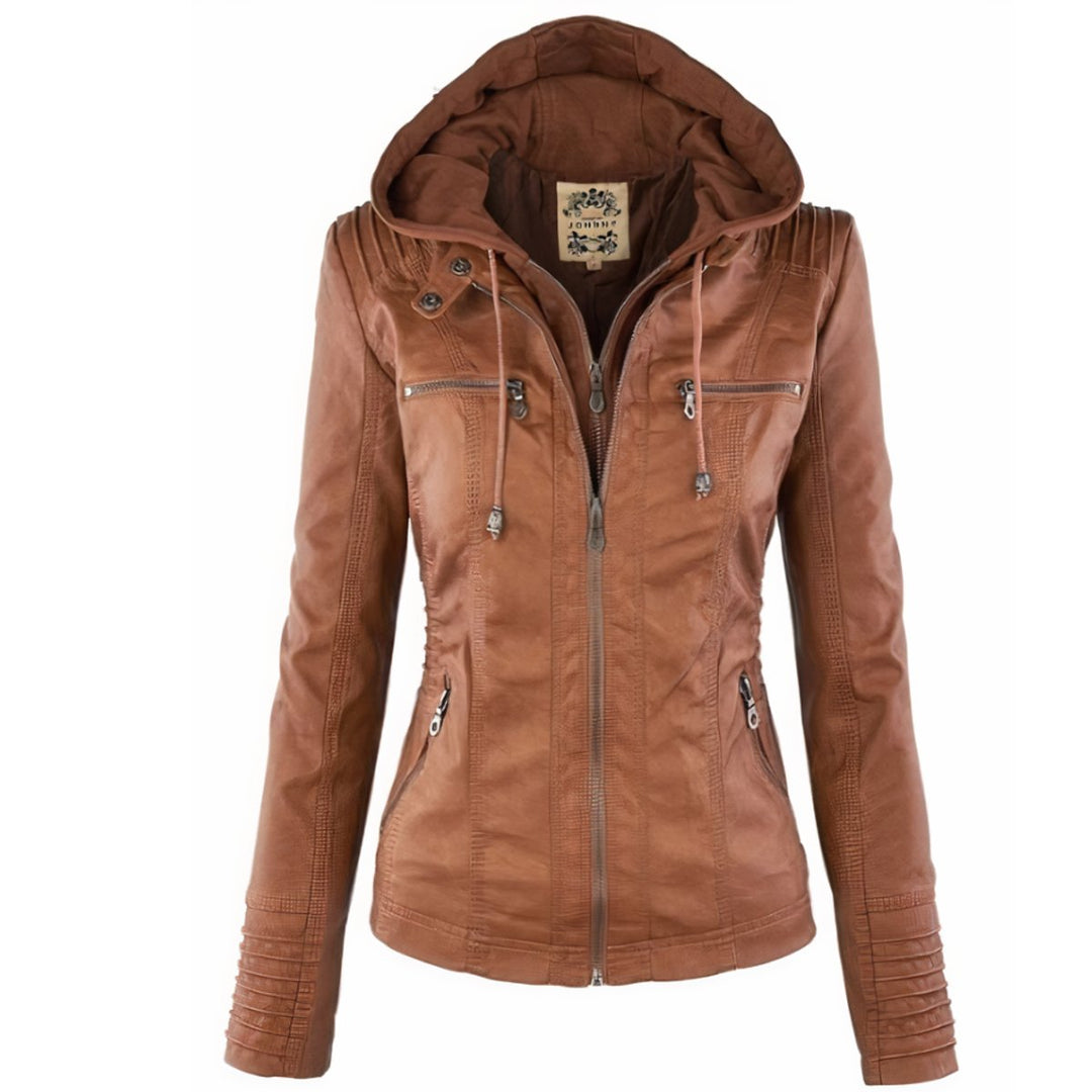 Women's Hooded Faux Leather Moto Jacket Removable Hood - Brown