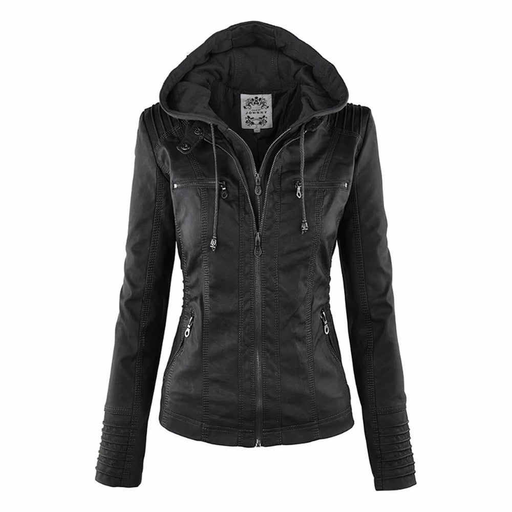 Women's Hooded Faux Leather Moto Jacket Removable Hood - Black