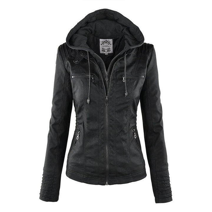 Women's Hooded Faux Leather Moto Jacket Removable Hood - Black