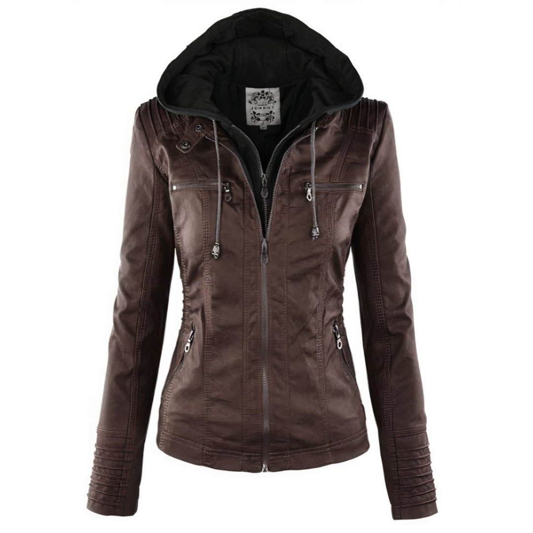 Women's Hooded Faux Leather Moto Jacket Removable Hood - Dark Brown