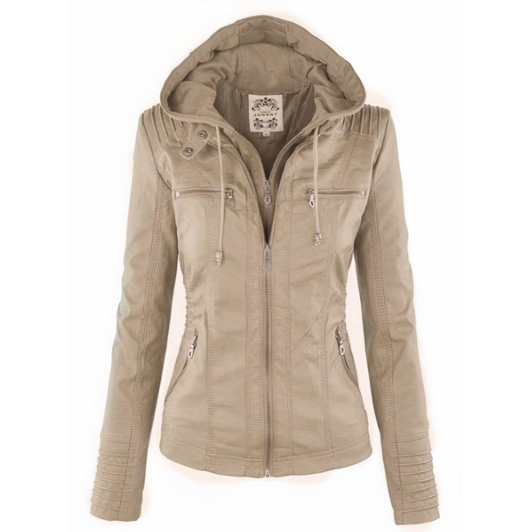 Women's Hooded Faux Leather Moto Jacket Removable Hood - Beige