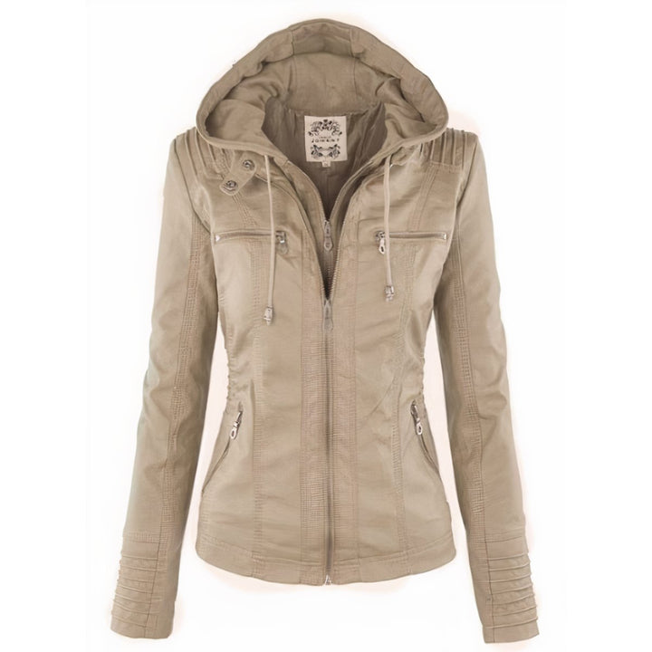 Women's Hooded Faux Leather Moto Jacket Removable Hood - Beige