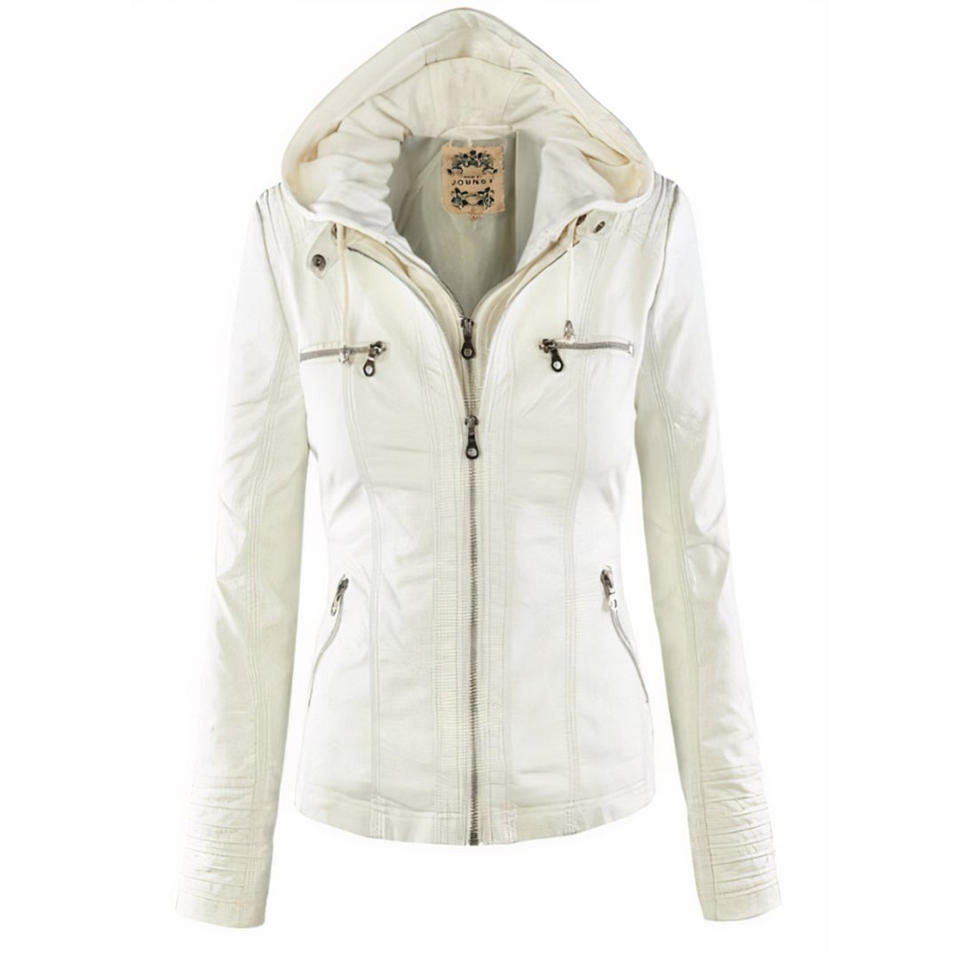 Women's Hooded Faux Leather Moto Jacket Removable Hood - White