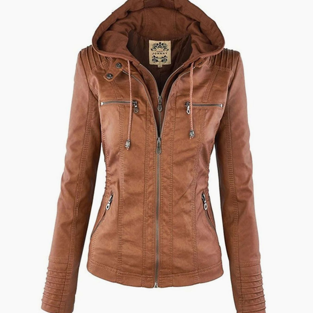 Women's Hooded Faux Leather Zip-Up Biker Jacket - Khaki