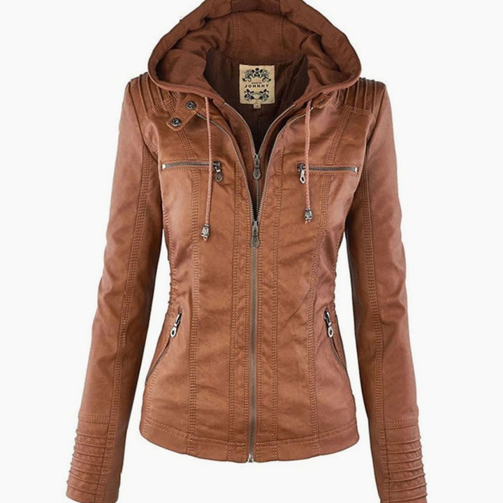 Women's Hooded Faux Leather Zip-Up Biker Jacket - Khaki