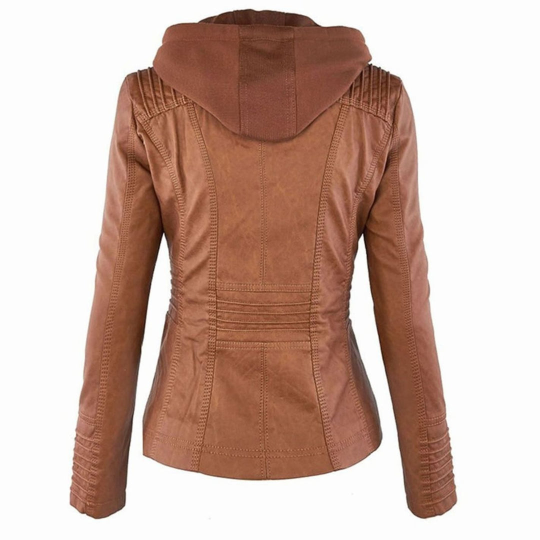 Women's Hooded Faux Leather Zip-Up Biker Jacket