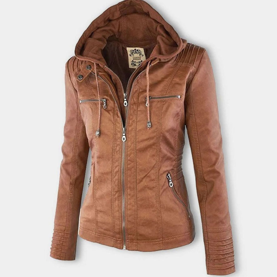 Women's Hooded Faux Leather Zip-Up Biker Jacket