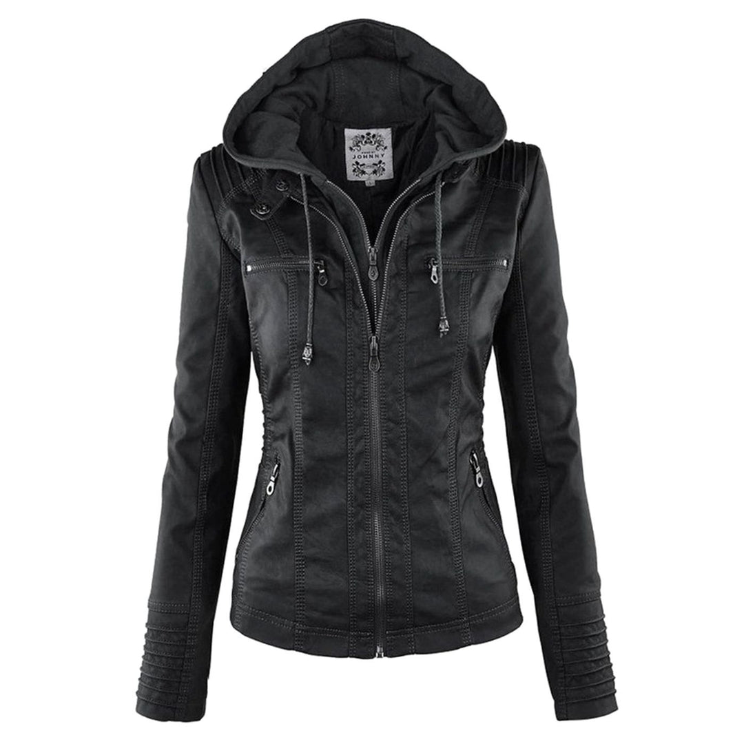 Women's Hooded Faux Leather Zip-Up Biker Jacket - Black