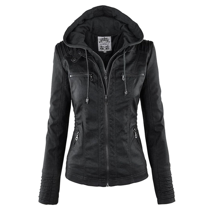 Women's Hooded Faux Leather Zip-Up Biker Jacket - Black