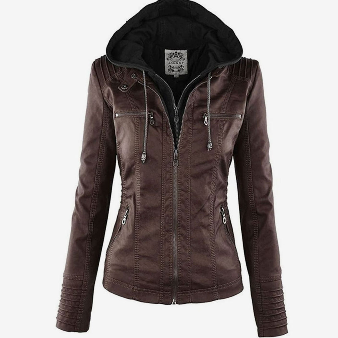 Women's Hooded Faux Leather Zip-Up Biker Jacket - Brown