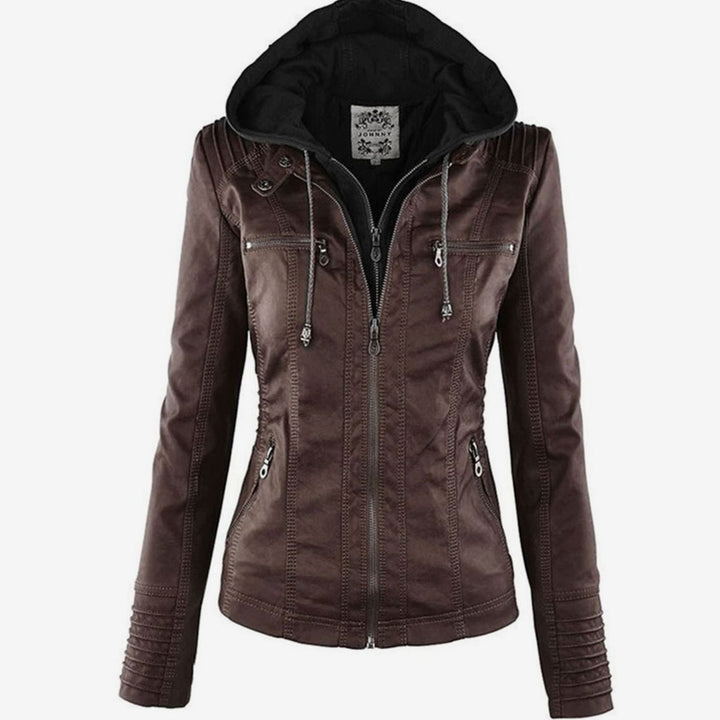 Women's Hooded Faux Leather Zip-Up Biker Jacket - Brown
