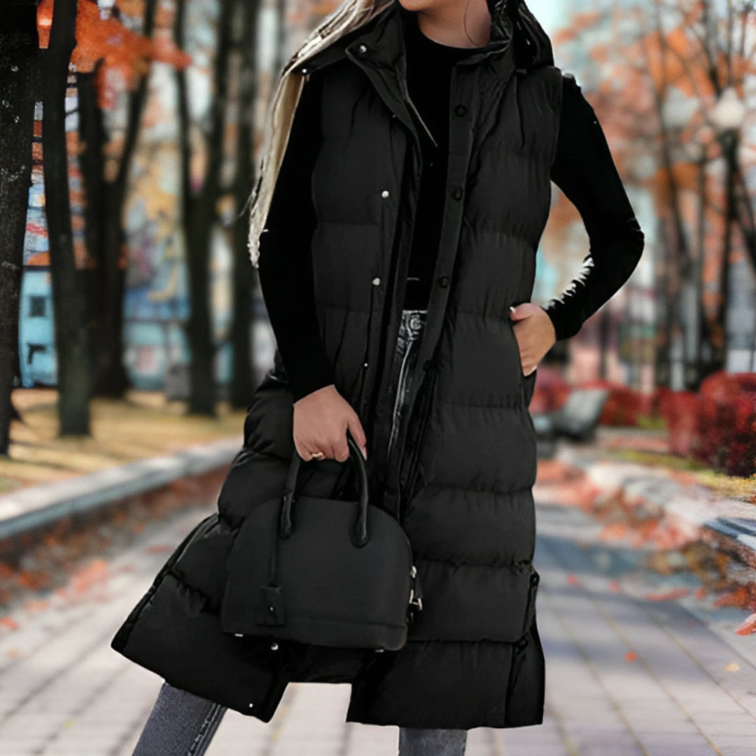 Women's Hooded Insulated Sleeveless Puffer Long Coat - Black