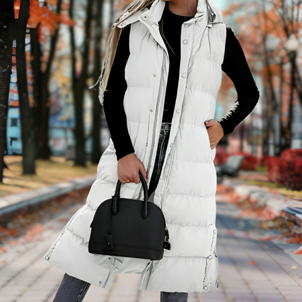 Women's Hooded Insulated Sleeveless Puffer Long Coat - White
