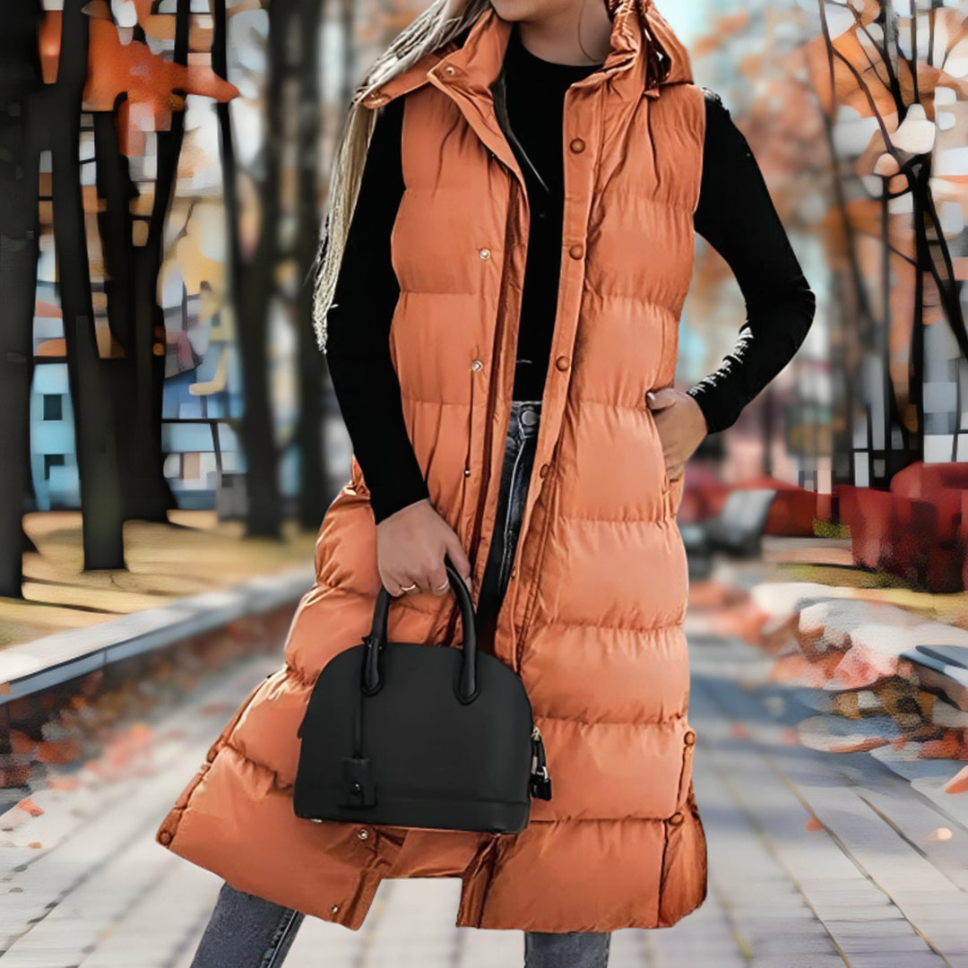 Women's Hooded Insulated Sleeveless Puffer Long Coat - Orange