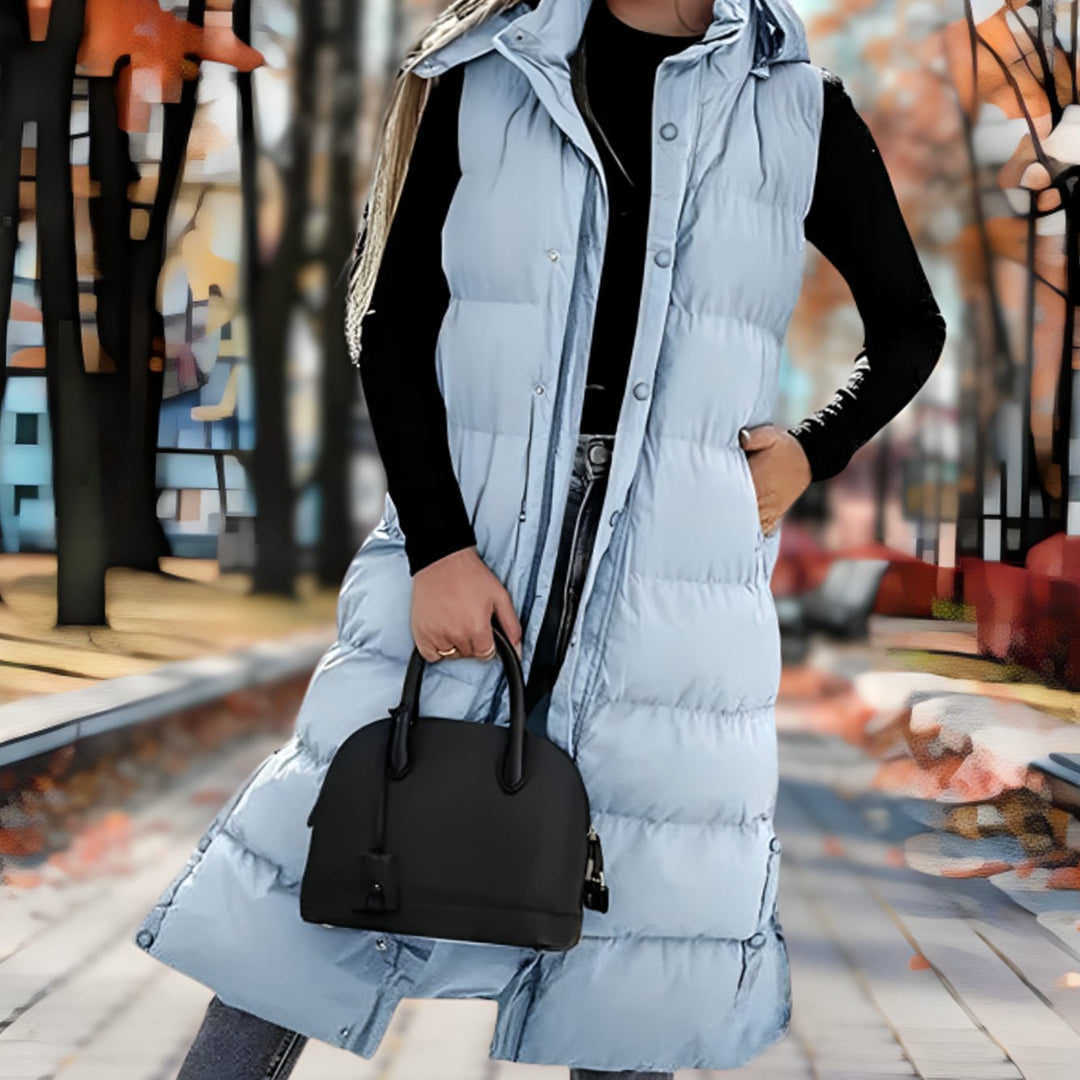 Women's Hooded Insulated Sleeveless Puffer Long Coat - Light Blue