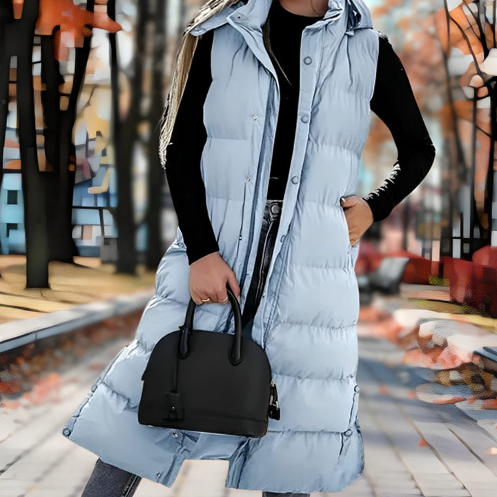 Women's Hooded Insulated Sleeveless Puffer Long Coat - Light Blue