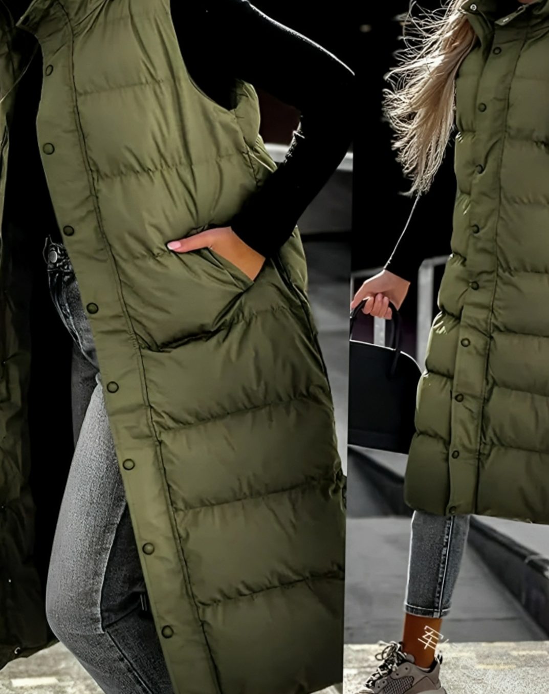 Women's Hooded Insulated Sleeveless Puffer Long Coat - Army Green