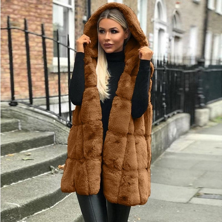 Women's Hooded Long Faux Fur Quilted Sleeveless Gilet Vest - Brown