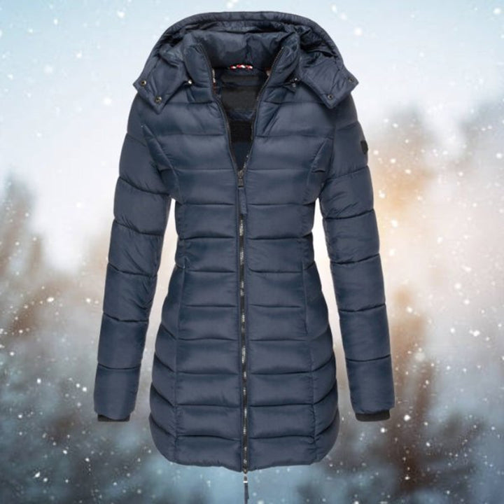 Women's Hooded Long Quilted Jacket Zip-Up Puffer Coat - Navy Blue