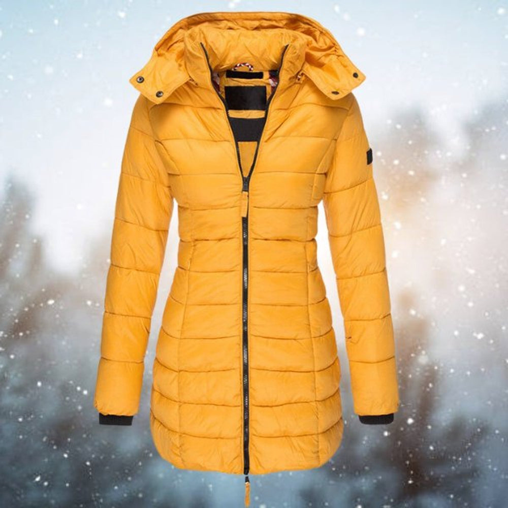 Women's Hooded Long Quilted Jacket Zip-Up Puffer Coat - Yellow