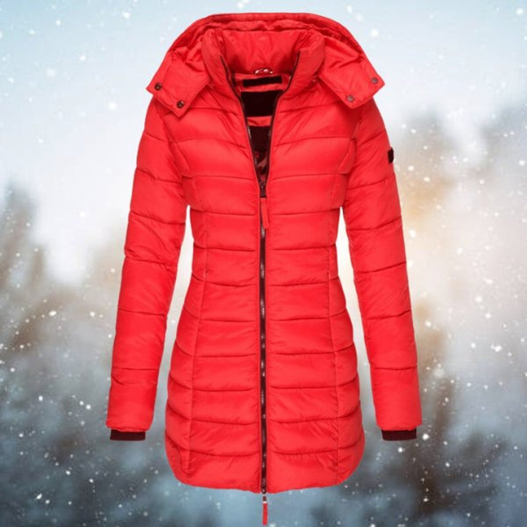 Women's Hooded Long Quilted Jacket Zip-Up Puffer Coat - Red
