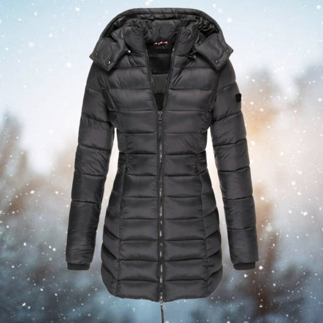Women's Hooded Long Quilted Jacket Zip-Up Puffer Coat - Black