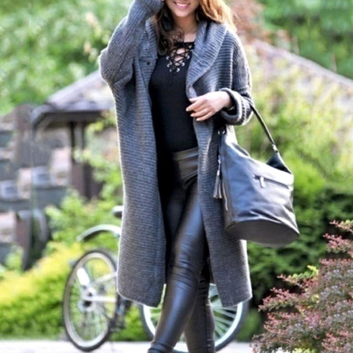 Women's Hooded Long Ribbed Knit Maxi Cardigan - Gray