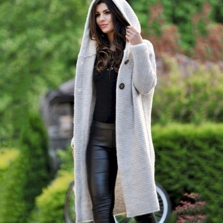 Women's Hooded Long Ribbed Knit Maxi Cardigan - Beige