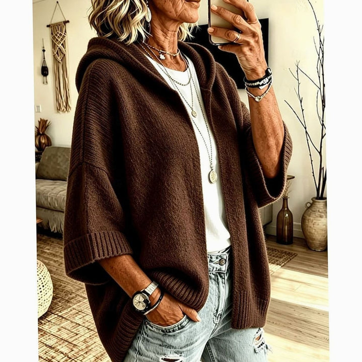 Women's Hooded Open-Front Relaxed-Fit Knit Cardigan - Coffee Brown