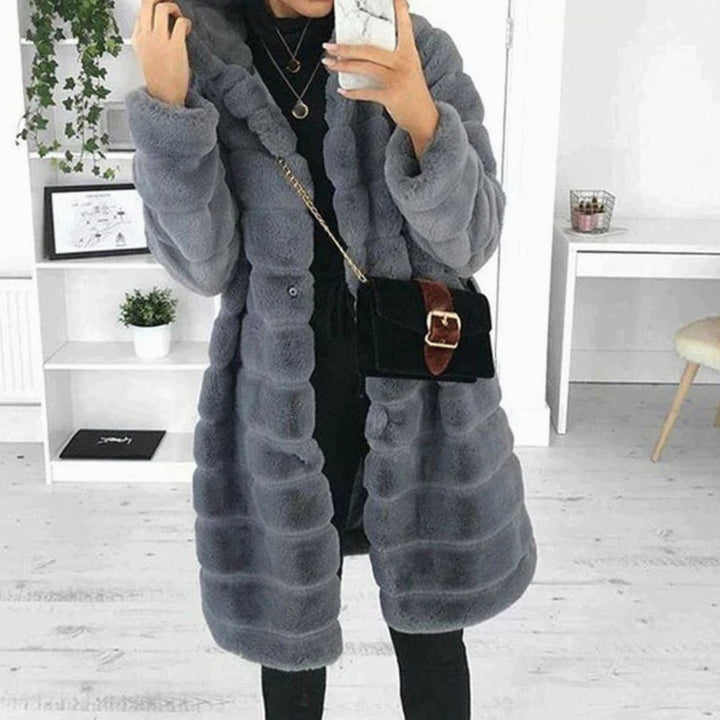 Women's Hooded Plush Faux Fur Coat Long Button-Down Jacket