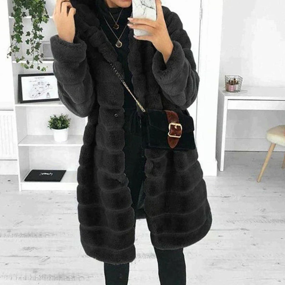Women's Hooded Plush Faux Fur Coat Long Button-Down Jacket - Black