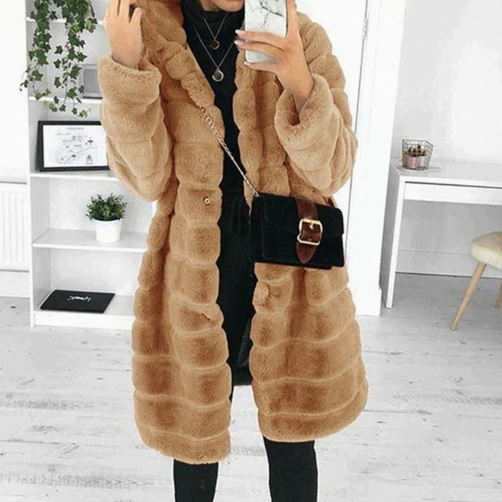 Women's Hooded Plush Faux Fur Coat Long Button-Down Jacket - Brown