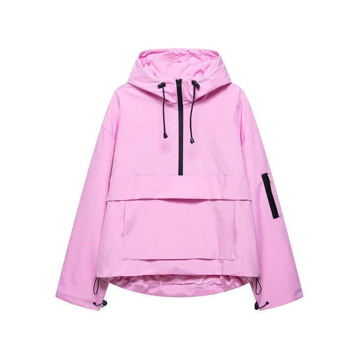 Women's Hooded Pullover Anorak Quilted Jacket Windproof Half-Zip - Pink