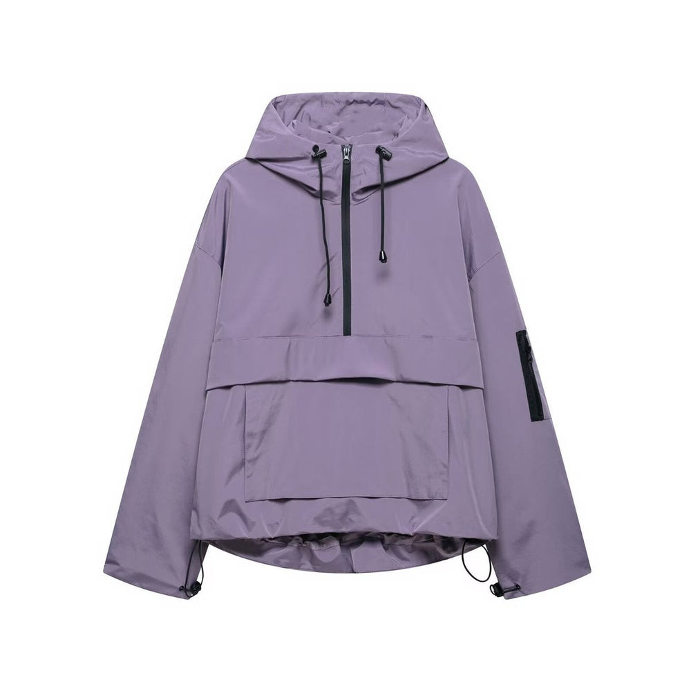 Women's Hooded Pullover Anorak Quilted Jacket Windproof Half-Zip - Purple