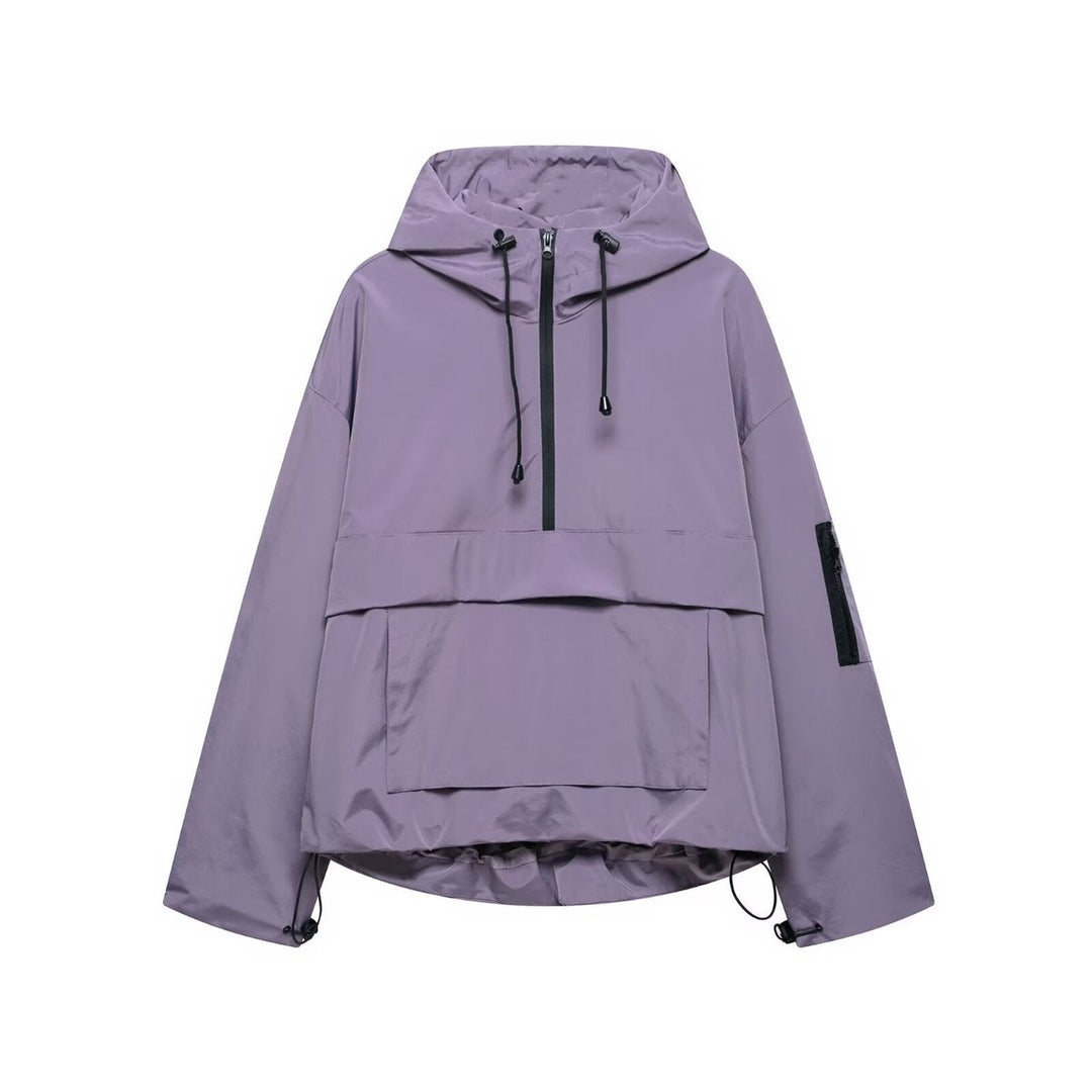 Women's Hooded Pullover Anorak Quilted Jacket Windproof Half-Zip - Purple