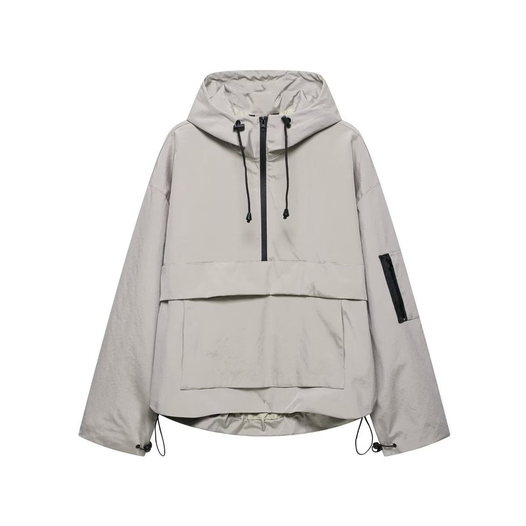 Women's Hooded Pullover Anorak Quilted Jacket Windproof Half-Zip - Gray