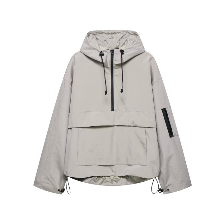 Women's Hooded Pullover Anorak Quilted Jacket Windproof Half-Zip - Gray
