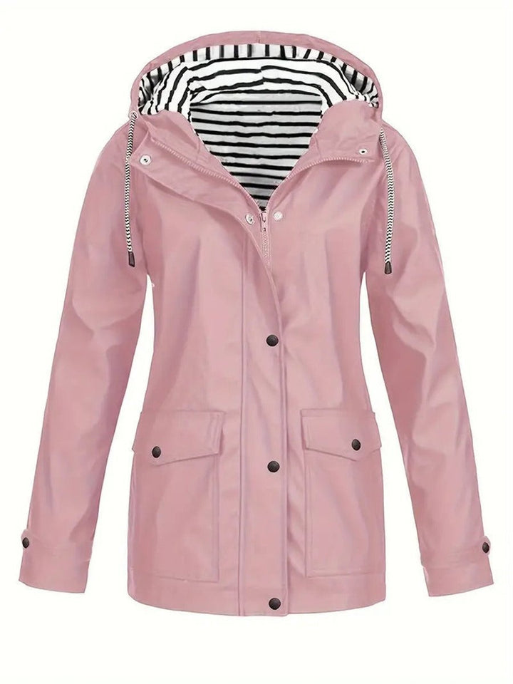 Women's Hooded Striped-Lined Zip-Up Polyester Rain Coat - Pink