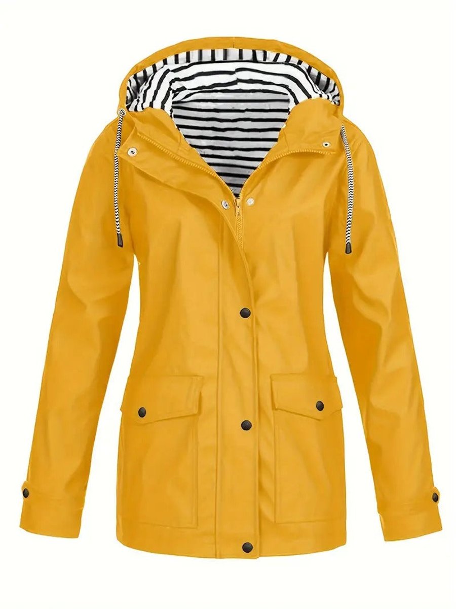 Women's Hooded Striped-Lined Zip-Up Polyester Rain Coat - Yellow