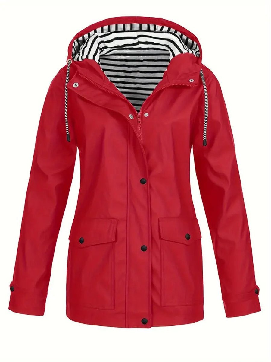 Women's Hooded Striped-Lined Zip-Up Polyester Rain Coat - Red