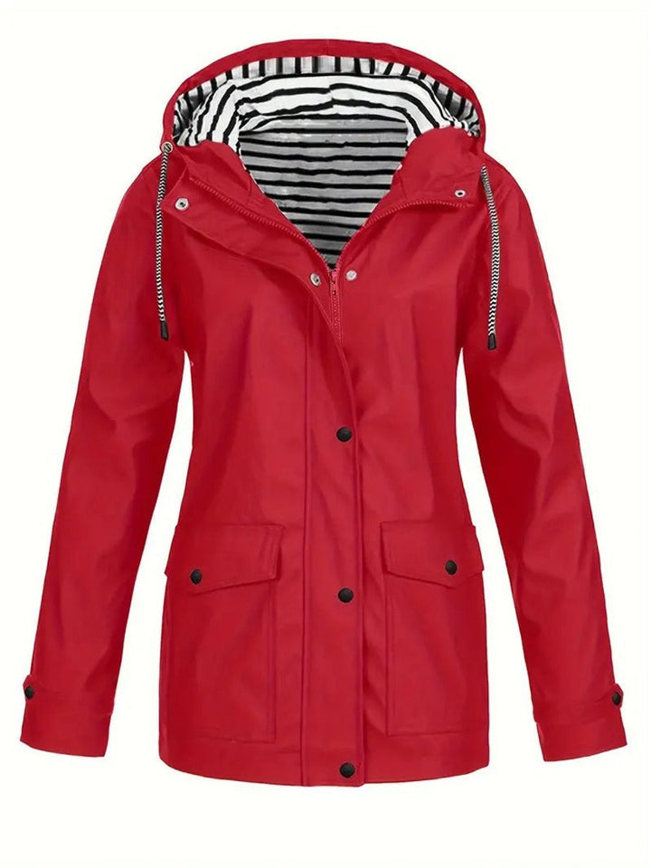 Women's Hooded Striped-Lined Zip-Up Polyester Rain Coat - Red