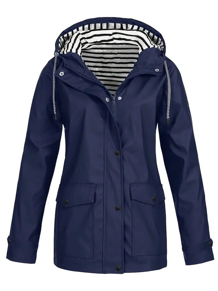 Women's Hooded Striped-Lined Zip-Up Polyester Rain Coat - Navy Blue