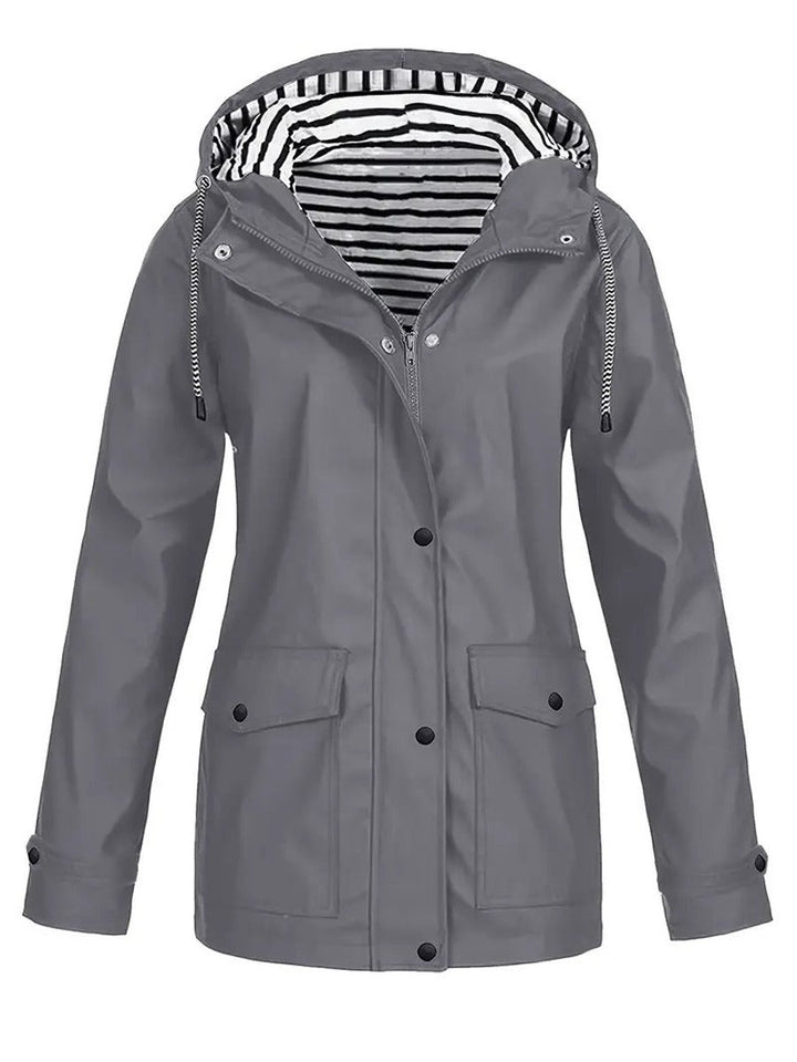Women's Hooded Striped-Lined Zip-Up Polyester Rain Coat - Gray