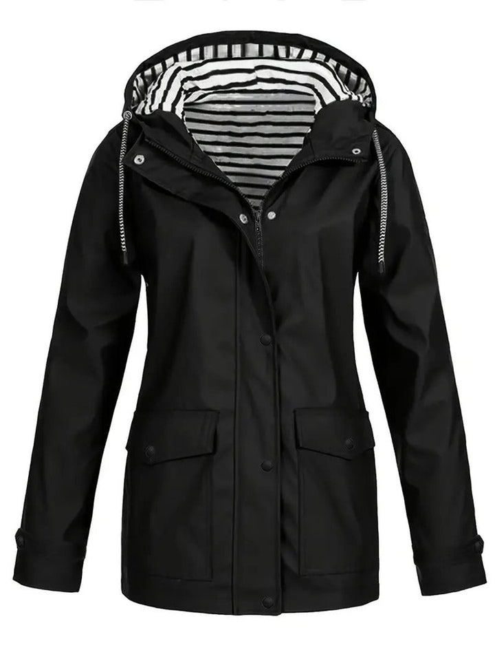 Women's Hooded Striped-Lined Zip-Up Polyester Rain Coat - Black