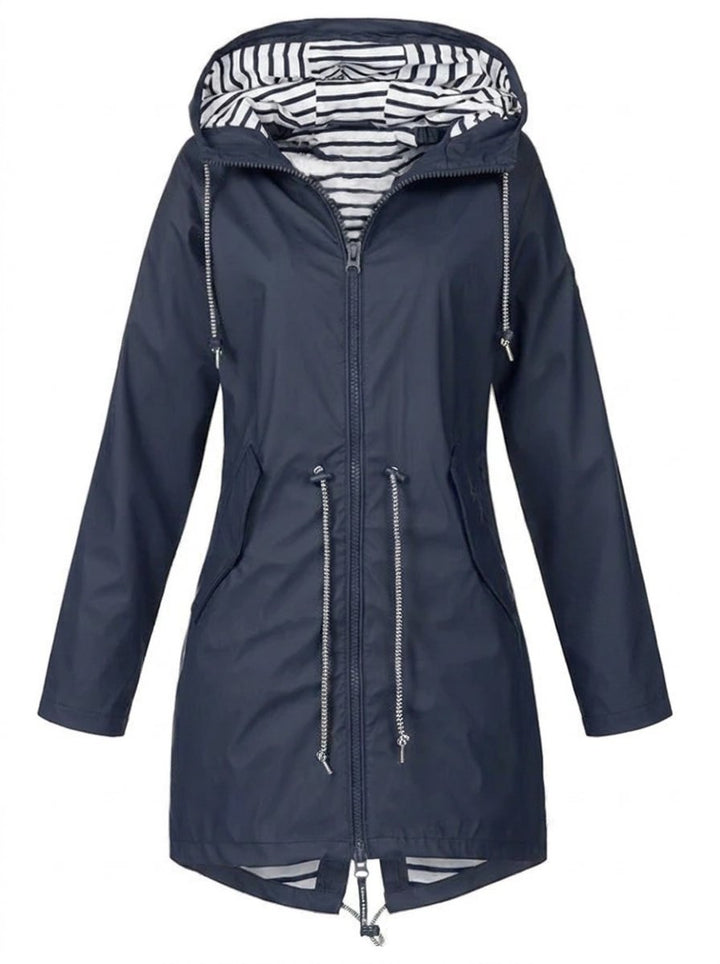 Women's Hooded Waterproof Drawstring Rain Coat - Blue