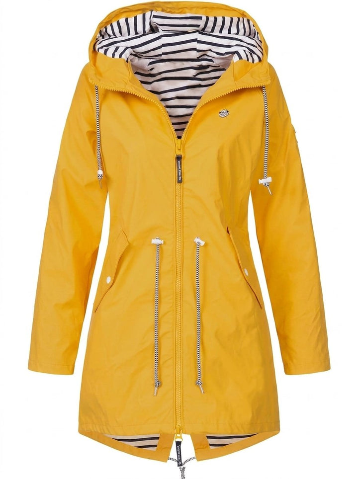 Women's Hooded Waterproof Drawstring Rain Coat - Yellow