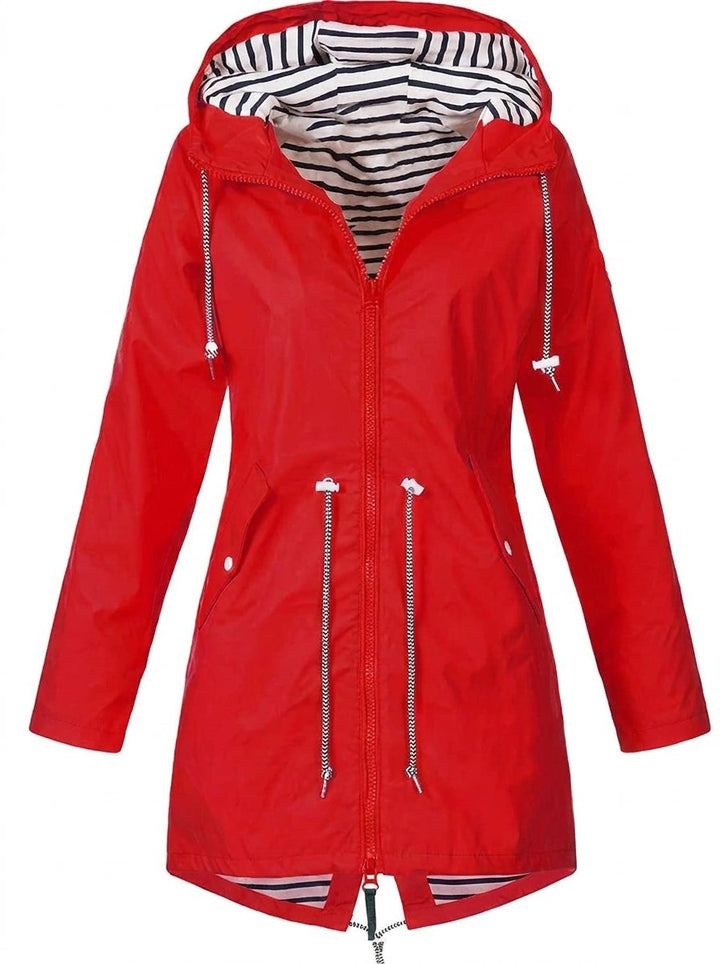 Women's Hooded Waterproof Drawstring Rain Coat - Red