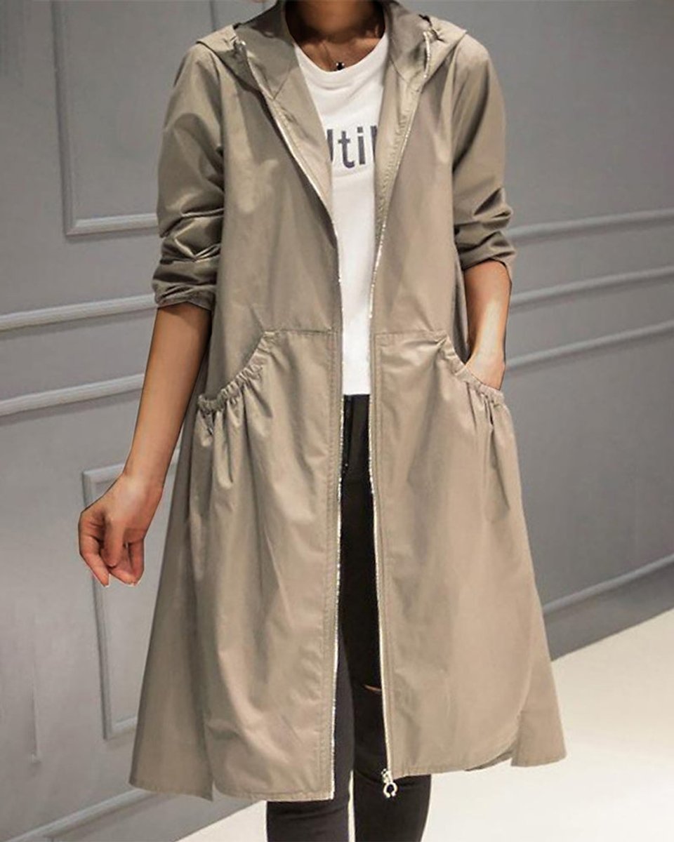 Women's Hooded Waterproof Long A-Line Trench Coat - Khaki