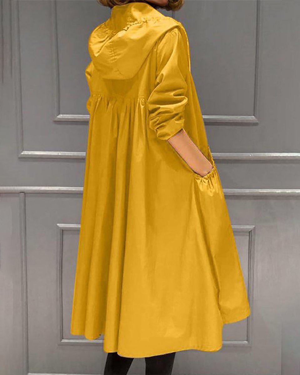 Women's Hooded Waterproof Long A-Line Trench Coat - Yellow